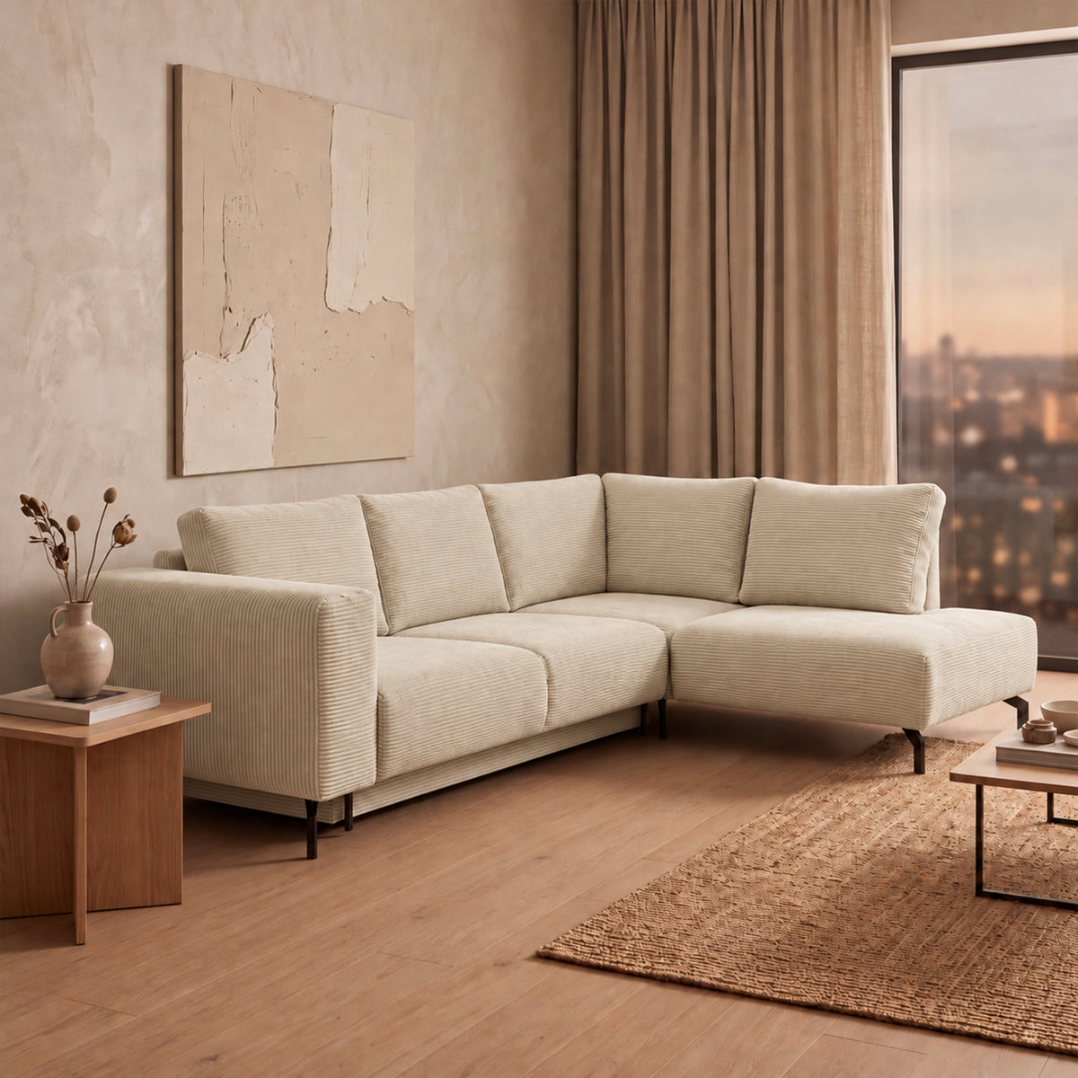 EMILIA Canapé d'angle convertible avec coffre en velours côtelé beige - Angle droit - Canapé d'angle convertible - Mobilier Deco