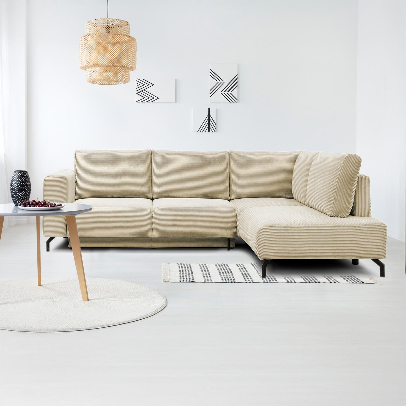 EMILIA Canapé d'angle convertible avec coffre en velours côtelé beige - Angle droit - Canapé d'angle convertible
