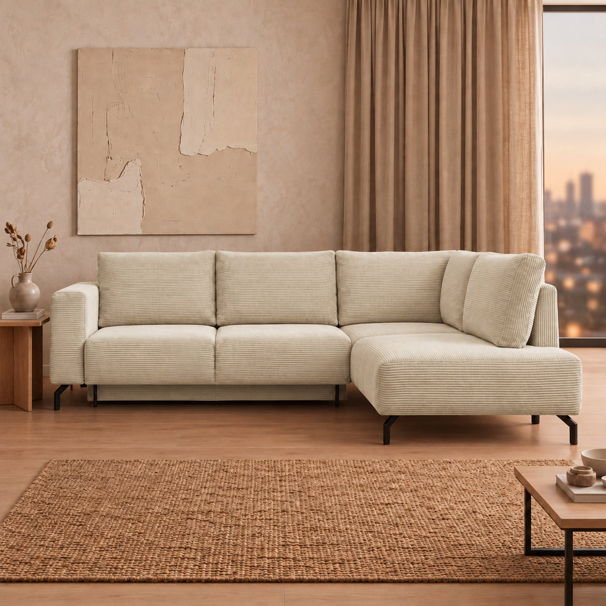 EMILIA Canapé d'angle convertible avec coffre en velours côtelé beige - Angle droit - Canapé d'angle convertible - Mobilier Deco