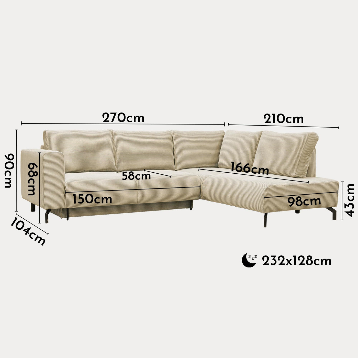 EMILIA Canapé d'angle convertible avec coffre en velours côtelé beige - Angle droit - Canapé d'angle convertible