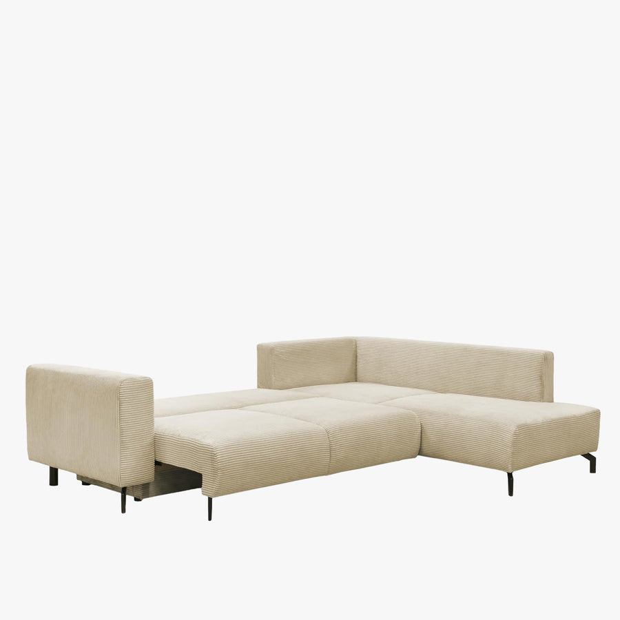 EMILIA Canapé d'angle convertible avec coffre en velours côtelé beige - Angle droit — aperçu vidéo