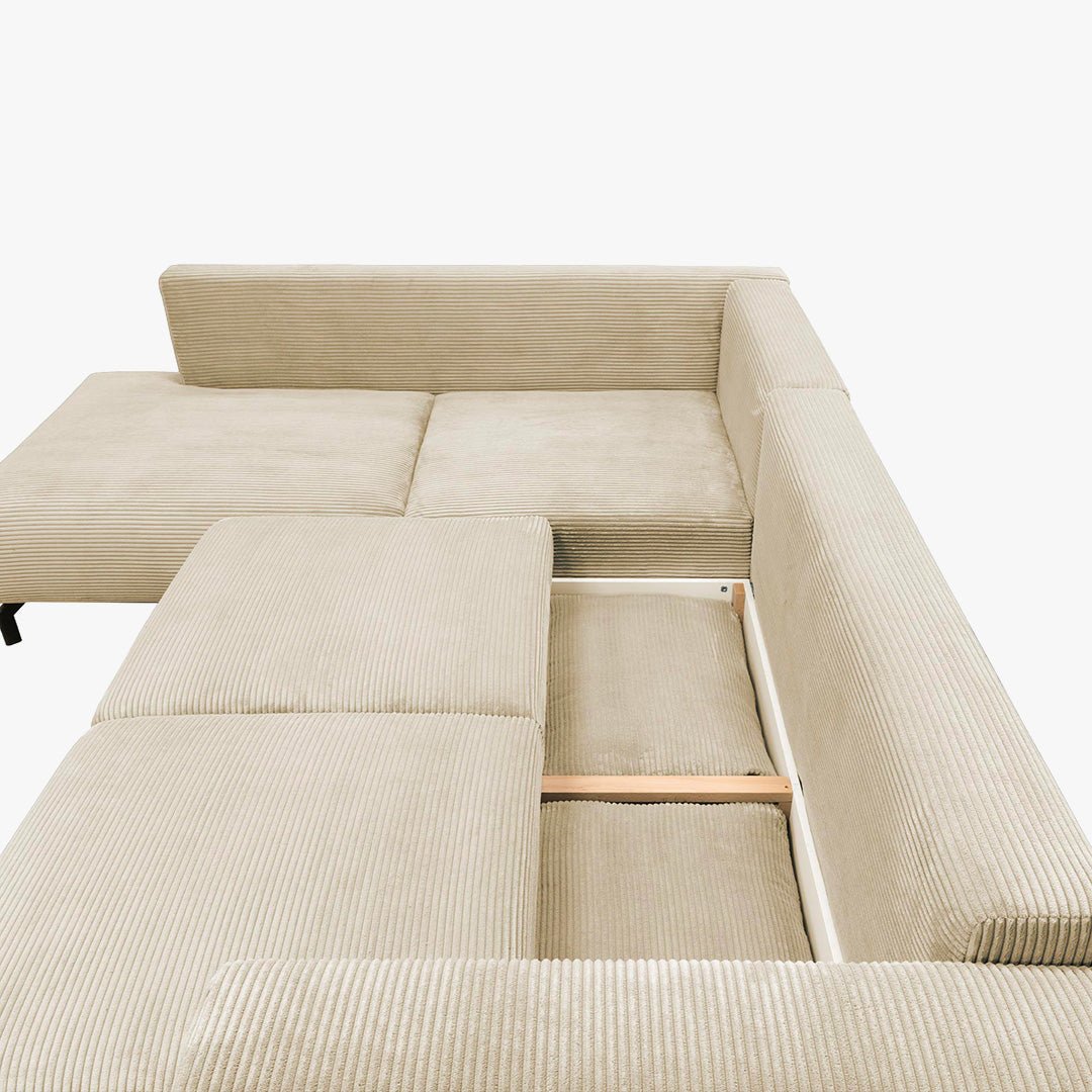 EMILIA Canapé d'angle convertible avec coffre en velours côtelé beige - Angle gauche - Canapé d'angle convertible - Mobilier Deco