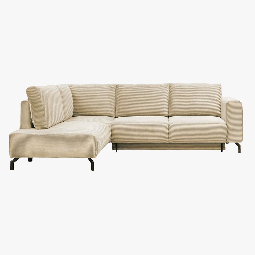 EMILIA Canapé d'angle convertible avec coffre en velours côtelé beige - Angle gauche - Canapé d'angle convertible - Mobilier Deco