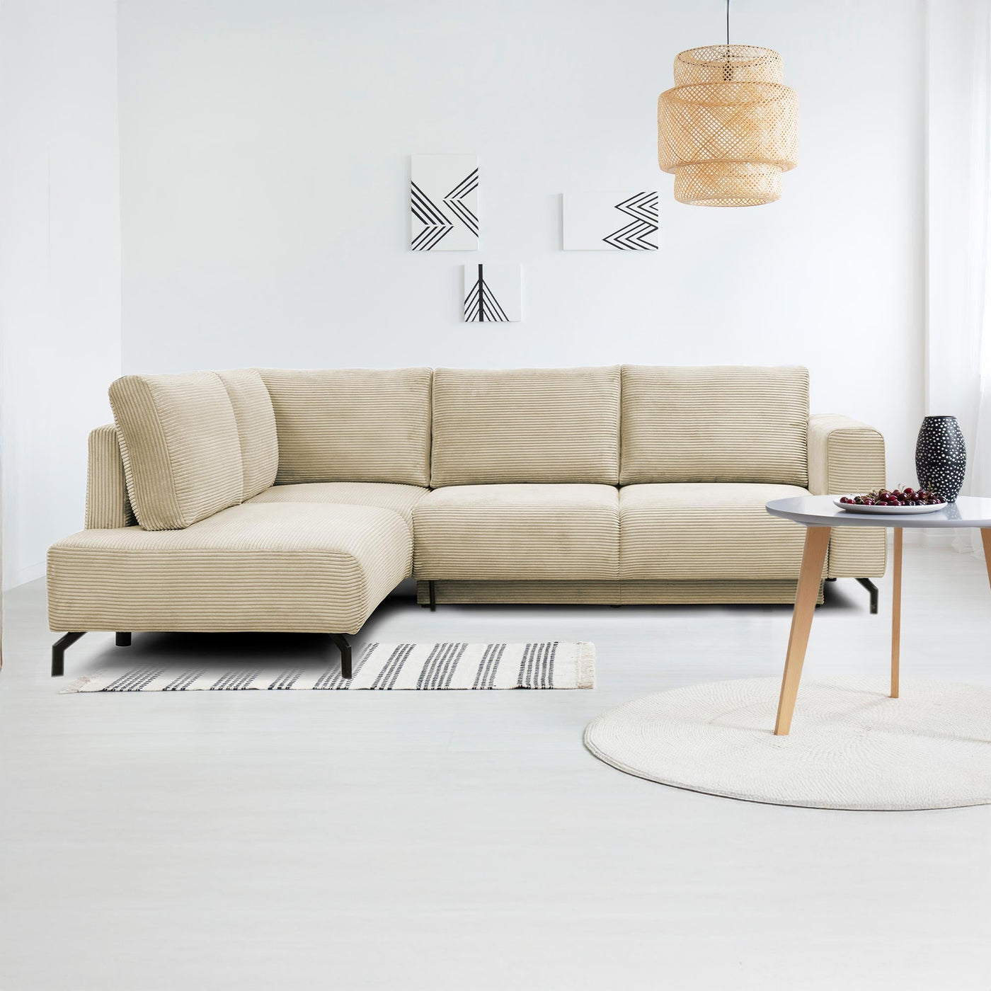 EMILIA Canapé d'angle convertible avec coffre en velours côtelé beige - Angle gauche - Canapé d'angle convertible - Mobilier Deco