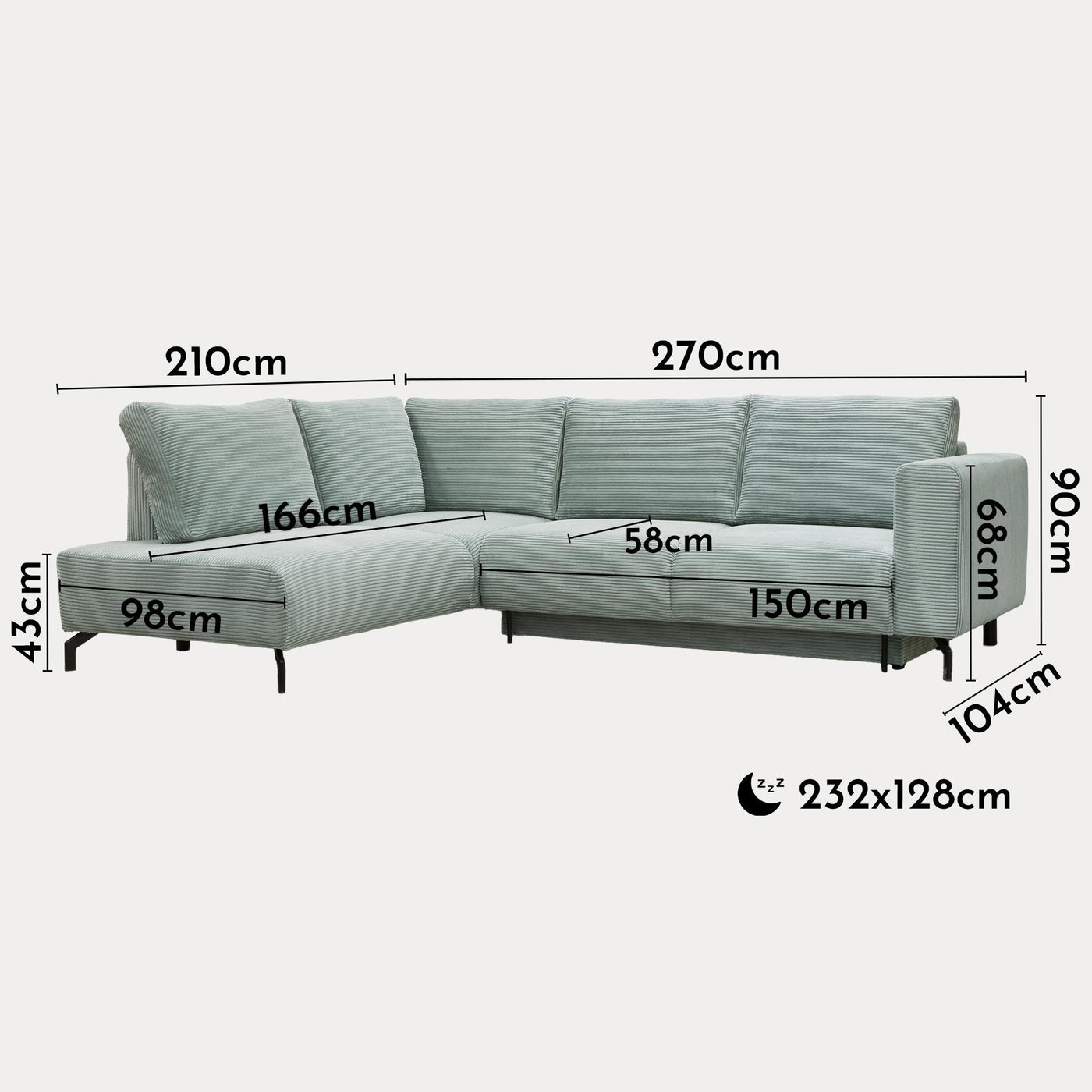 EMILIA Canapé d'angle convertible avec coffre en velours côtelé vert d'eau - Angle gauche - Canapé d'angle convertible - Mobilier Deco
