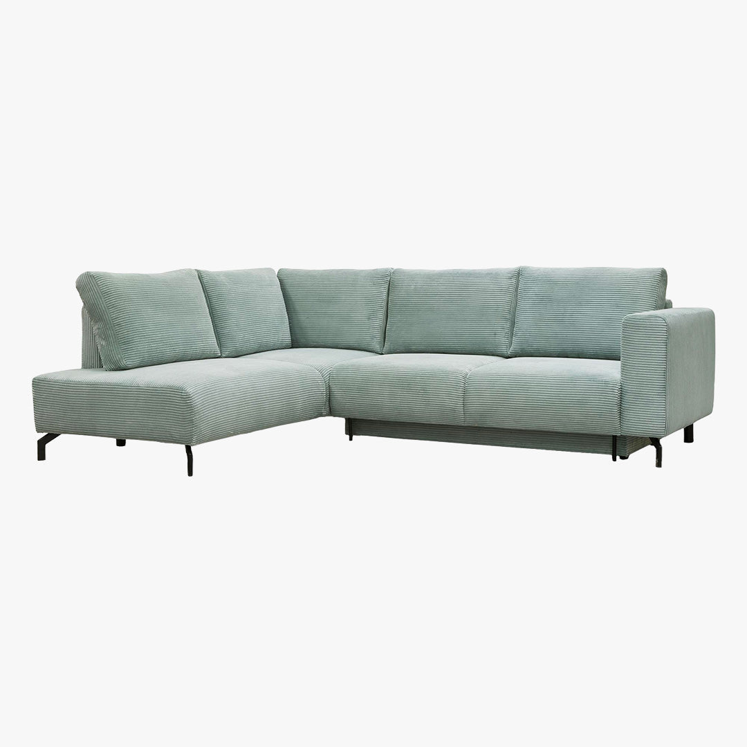 EMILIA Canapé d'angle convertible avec coffre en velours côtelé vert d'eau - Angle gauche - Canapé d'angle convertible - Mobilier Deco