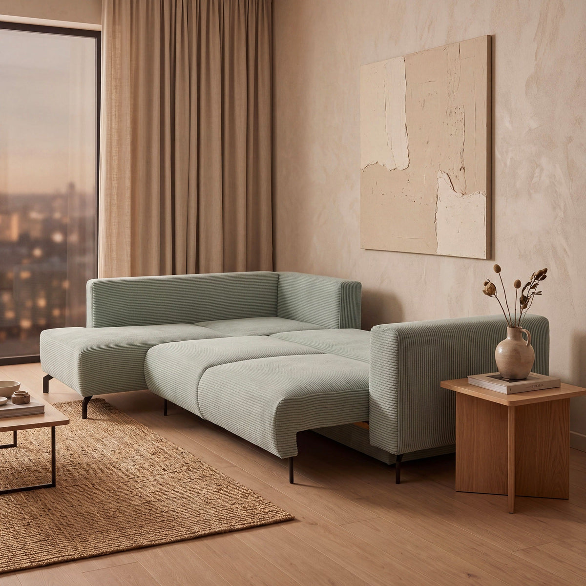 EMILIA Canapé d'angle convertible avec coffre en velours côtelé vert d'eau - Angle gauche - Canapé d'angle convertible - Mobilier Deco