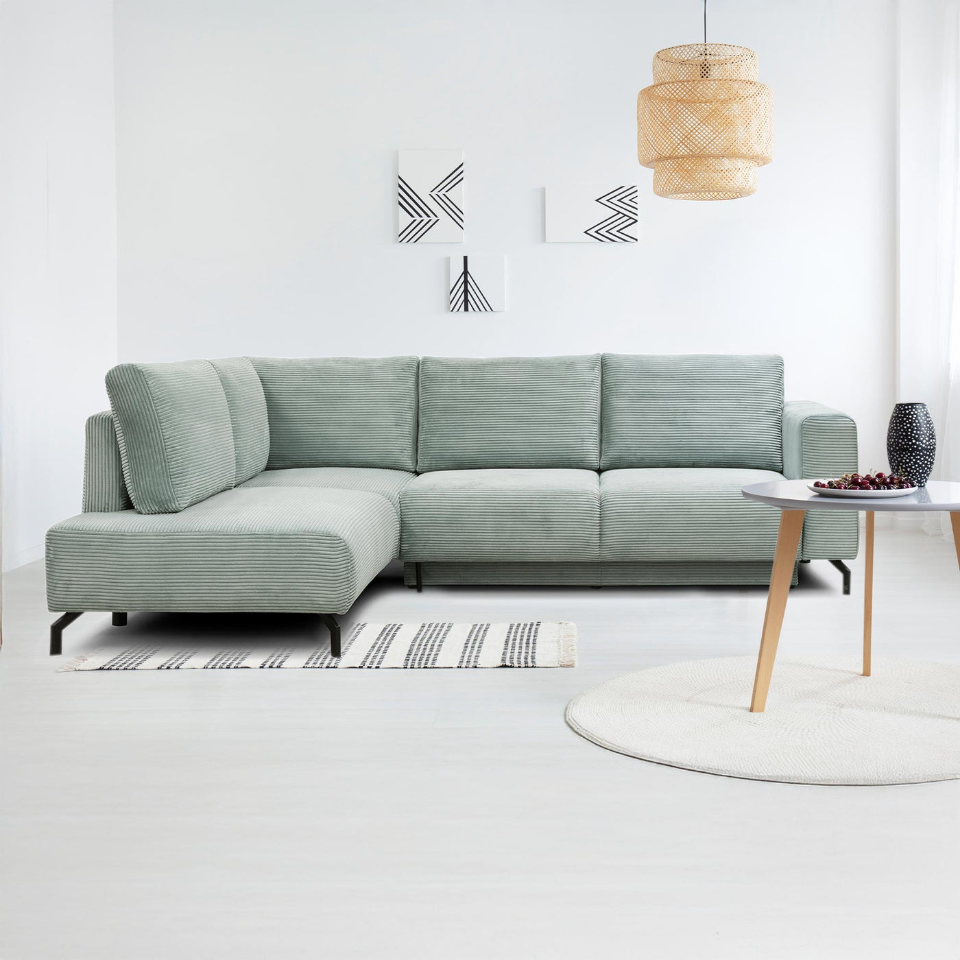 EMILIA Canapé d'angle convertible avec coffre en velours côtelé vert d'eau - Angle gauche - Canapé d'angle convertible - Mobilier Deco