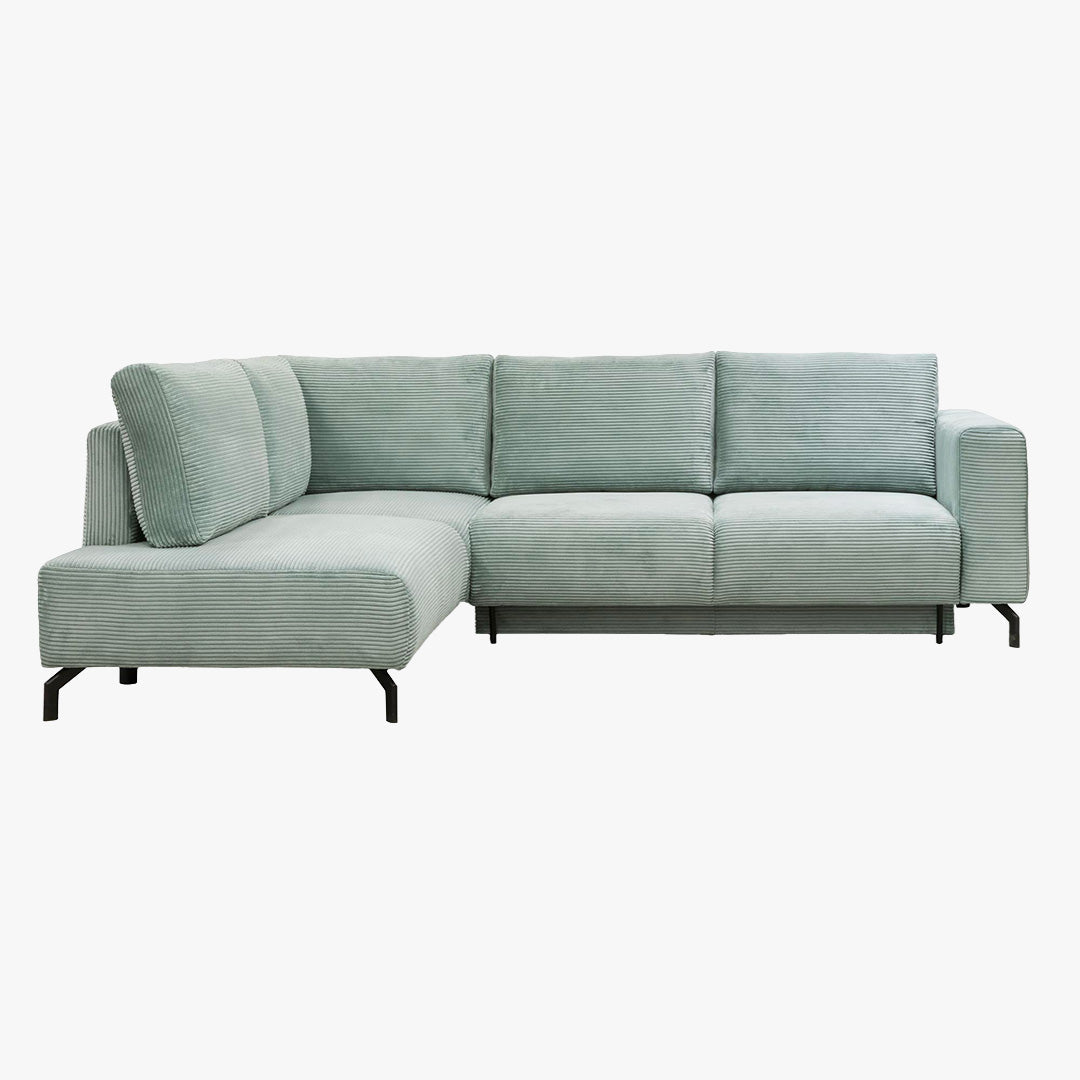 EMILIA Canapé d'angle convertible avec coffre en velours côtelé vert d'eau - Angle gauche - Canapé d'angle convertible - Mobilier Deco