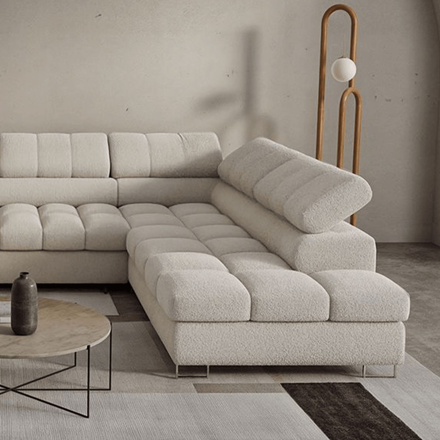 EMMA Canapé panoramique convertible avec 2 coffres et têtières relevables en tissu bouclette beige - Canapés panoramiques