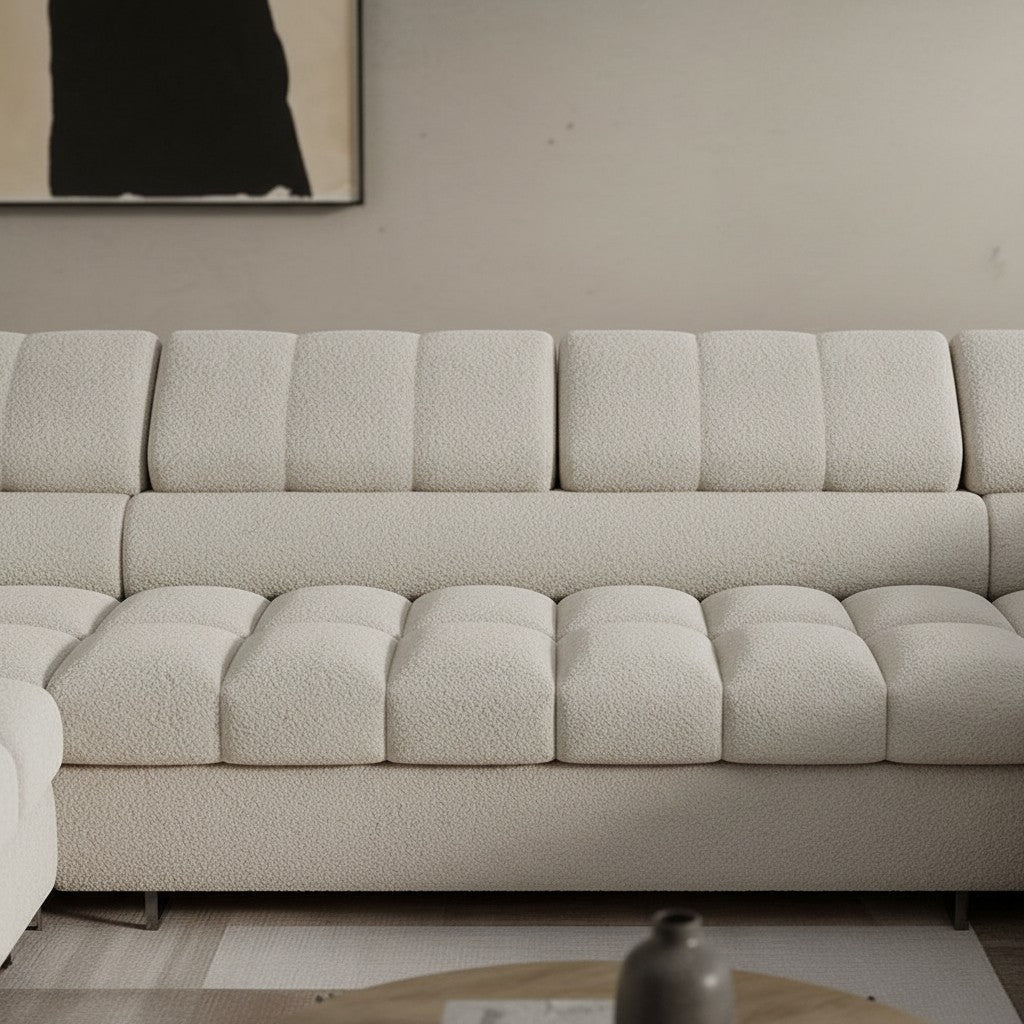 EMMA Canapé panoramique convertible avec 2 coffres et têtières relevables en tissu bouclette beige - Canapés panoramiques