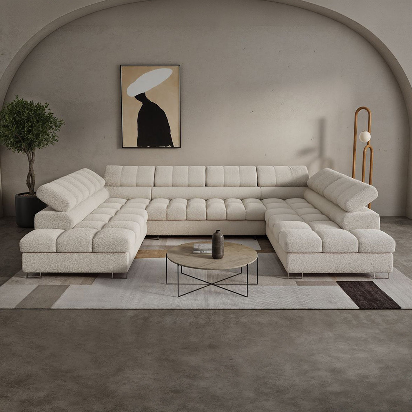 EMMA Canapé panoramique convertible avec 2 coffres et têtières relevables en tissu bouclette beige - Canapés panoramiques
