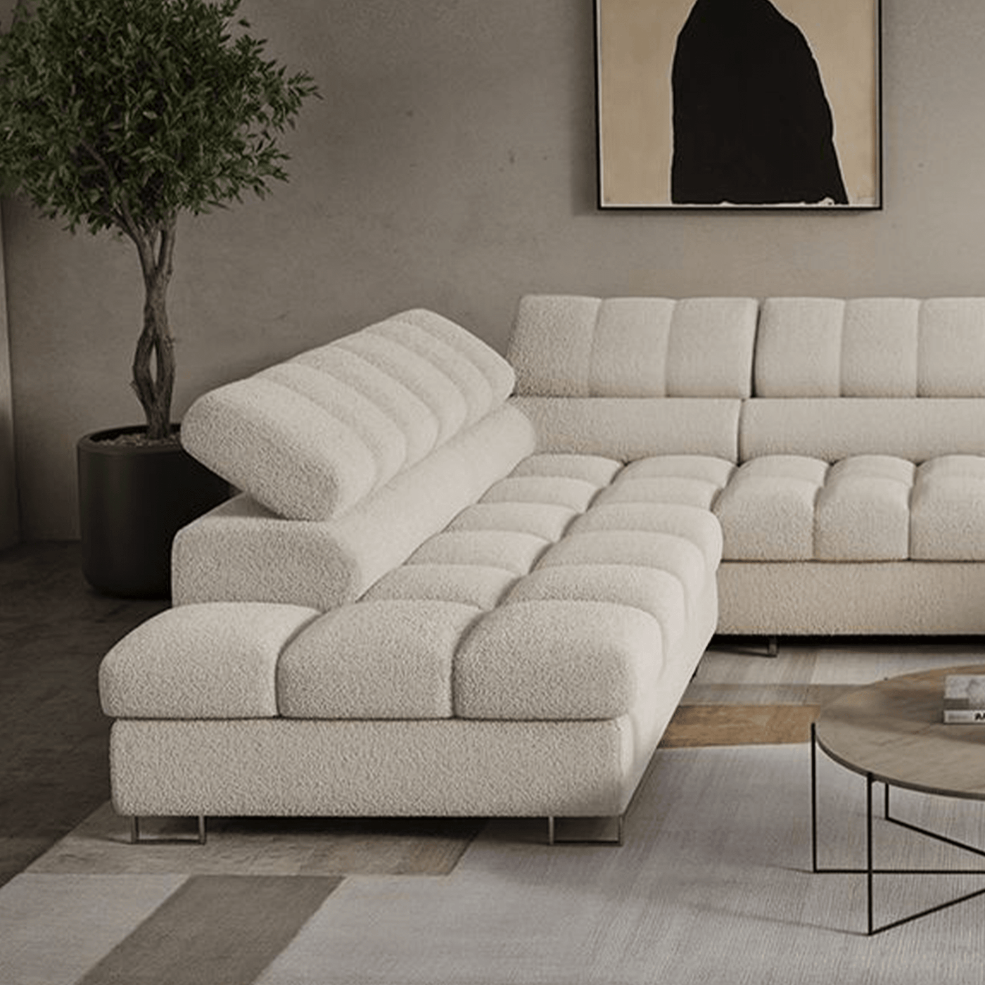 EMMA Canapé panoramique convertible avec 2 coffres et têtières relevables en tissu bouclette beige - Canapés panoramiques