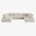 EMMA Canapé panoramique convertible avec 2 coffres et têtières relevables en tissu bouclette beige