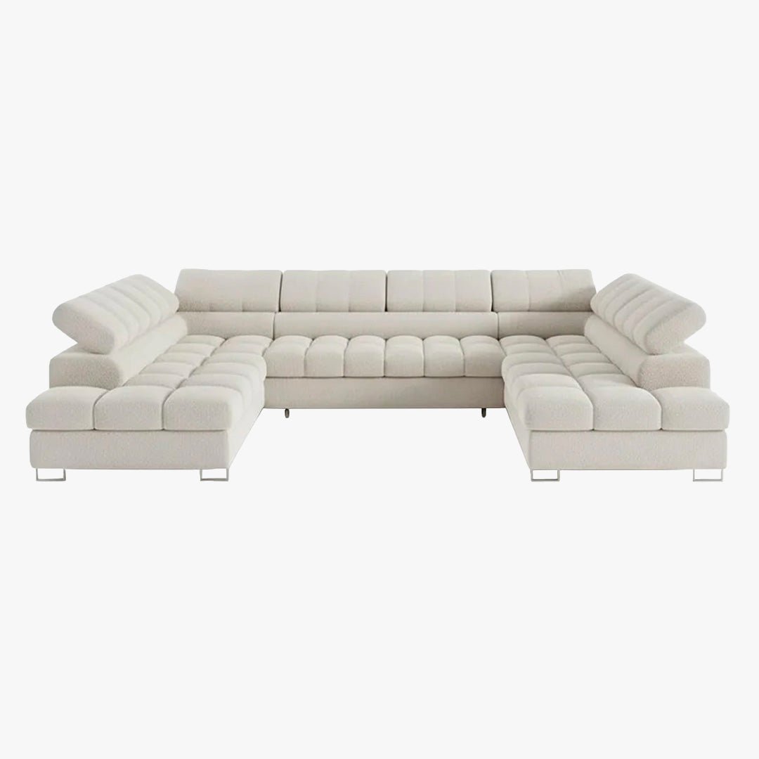 EMMA Canapé panoramique convertible avec 2 coffres et têtières relevables en tissu bouclette beige - Canapés panoramiques