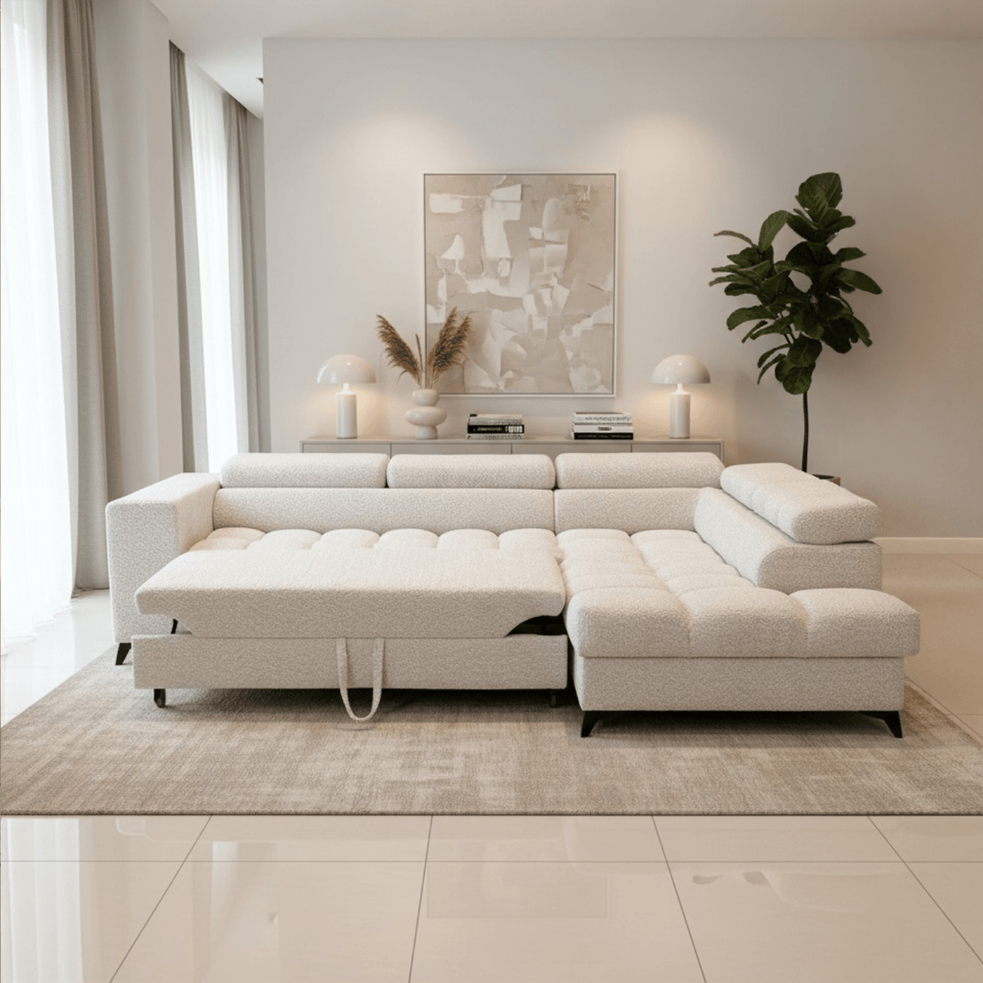 EMMA MINI Canapé d'angle convertible avec coffre et têtières relevables en tissu beige - Angle droit - Mobilier Deco