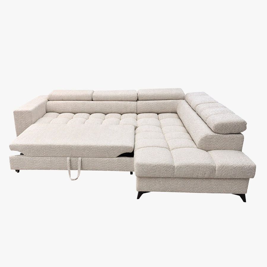 EMMA MINI Canapé d'angle convertible avec coffre et têtières relevables en tissu beige - Angle droit — aperçu vidéo