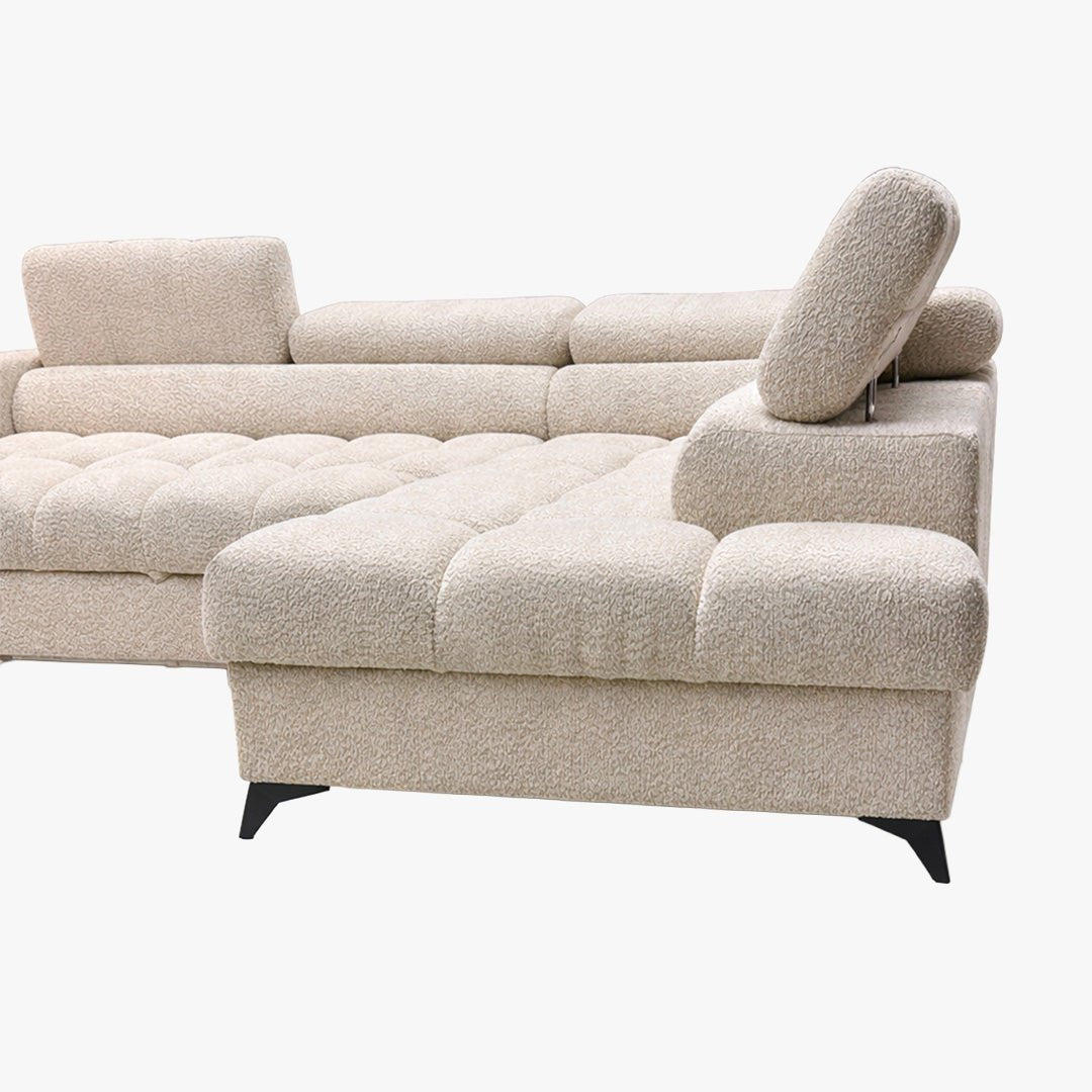 EMMA MINI Canapé d'angle convertible avec coffre et têtières relevables en tissu beige - Angle droit - Mobilier Deco