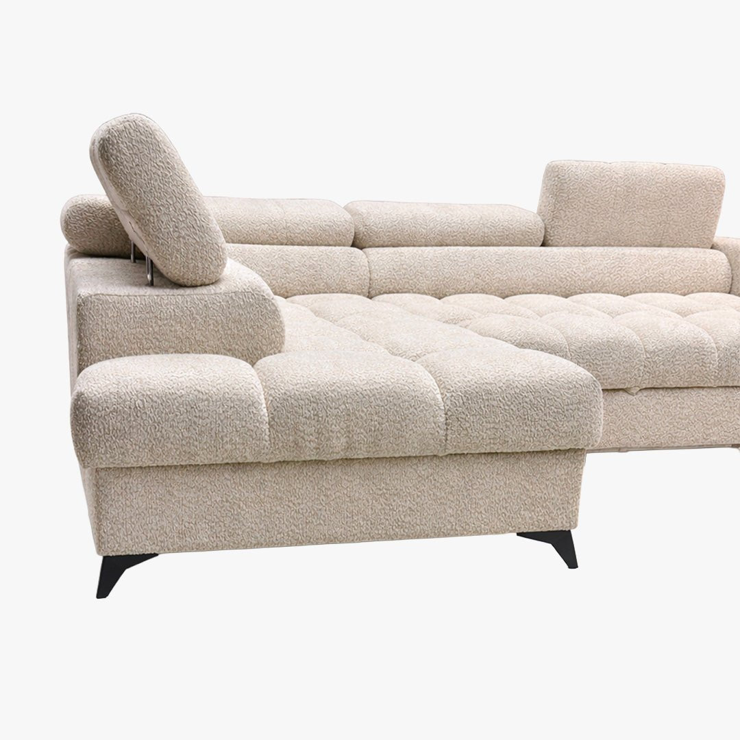 EMMA MINI Canapé d'angle convertible avec coffre et têtières relevables en tissu beige - Angle gauche - Mobilier Deco