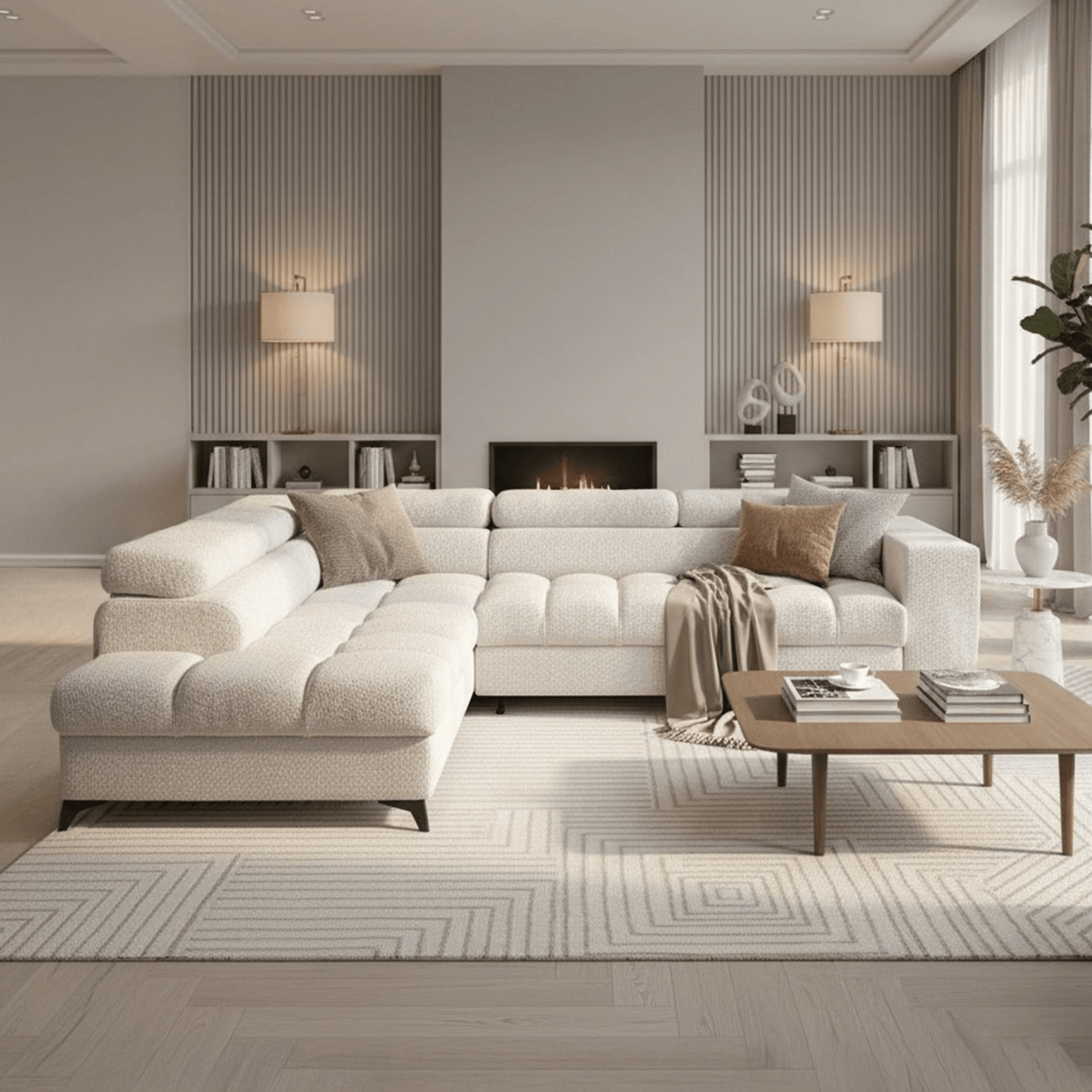 EMMA MINI Canapé d'angle convertible avec coffre et têtières relevables en tissu beige - Angle gauche - Mobilier Deco