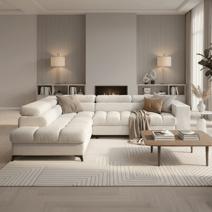 EMMA MINI Canapé d'angle convertible avec coffre et têtières relevables en tissu beige - Angle gauche