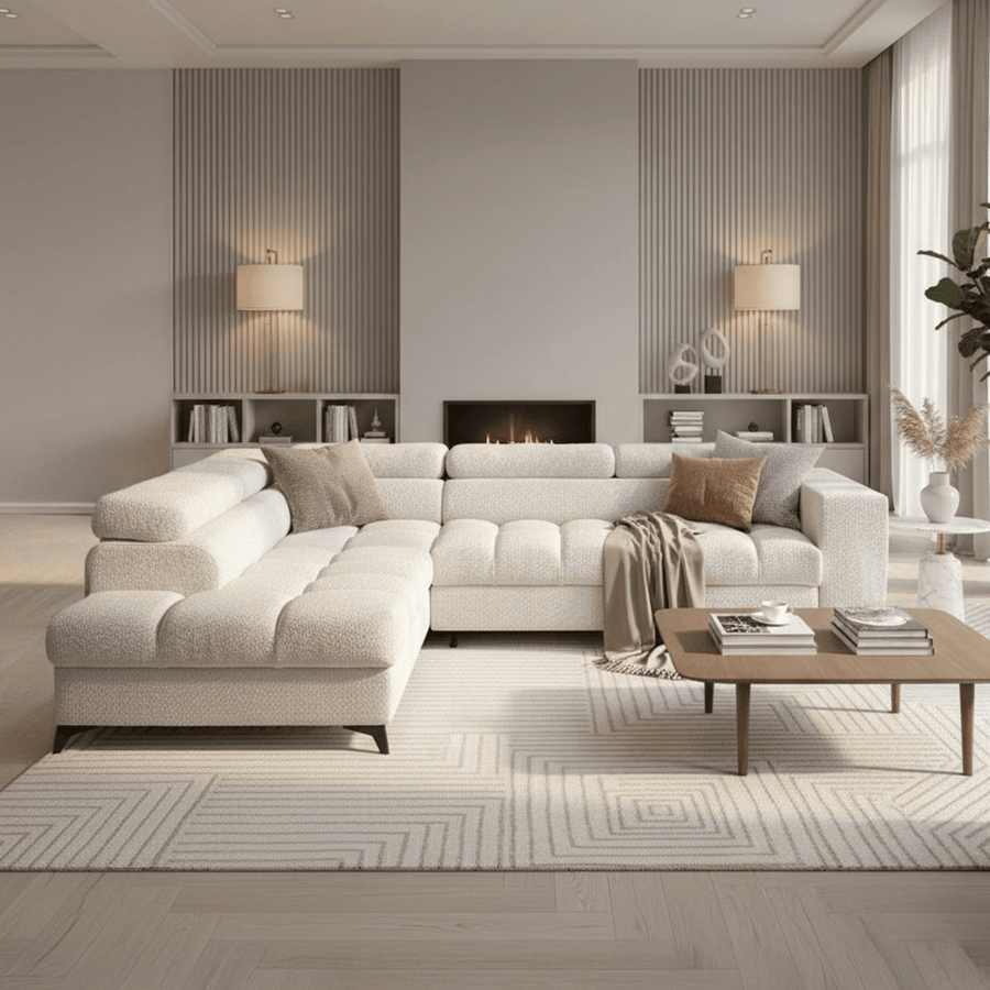 EMMA MINI Canapé d'angle convertible avec coffre et têtières relevables en tissu beige - Angle gauche — aperçu vidéo