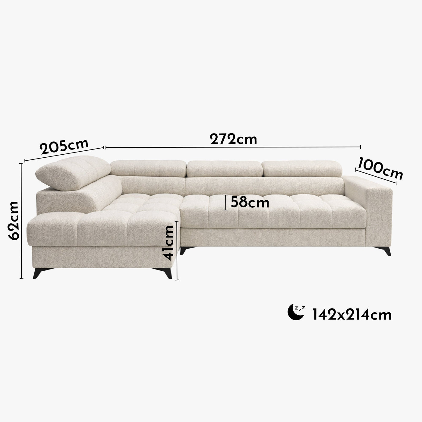 EMMA MINI Canapé d'angle convertible avec coffre et têtières relevables en tissu beige - Angle gauche - Mobilier Deco