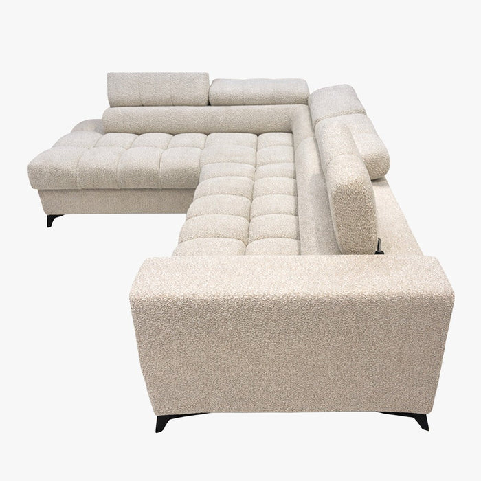EMMA MINI Canapé d'angle convertible avec coffre et têtières relevables en tissu beige - Angle gauche