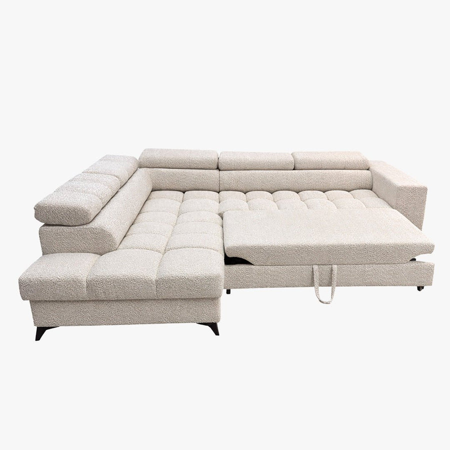 EMMA MINI Canapé d'angle convertible avec coffre et têtières relevables en tissu beige - Angle gauche — aperçu vidéo