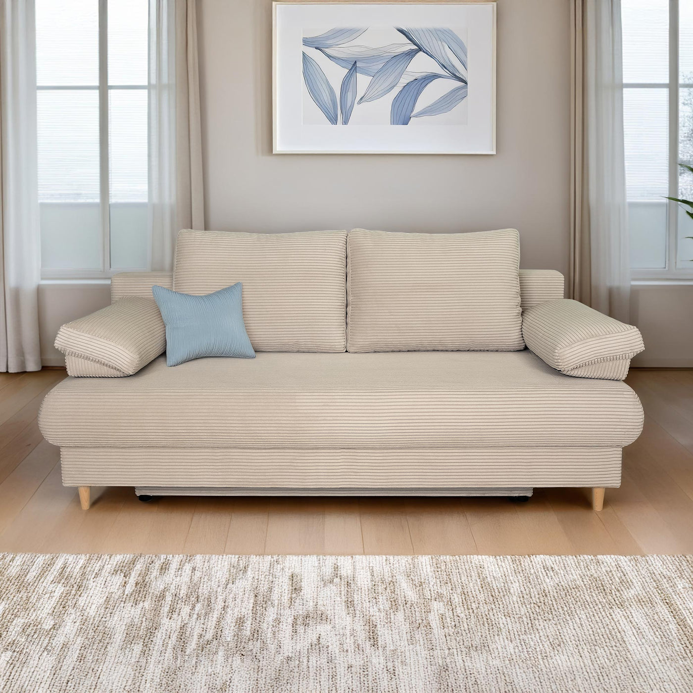 ERIYA Canapé 3 places convertible en velours côtelé beige - Canapés convertibles - Mobilier Deco