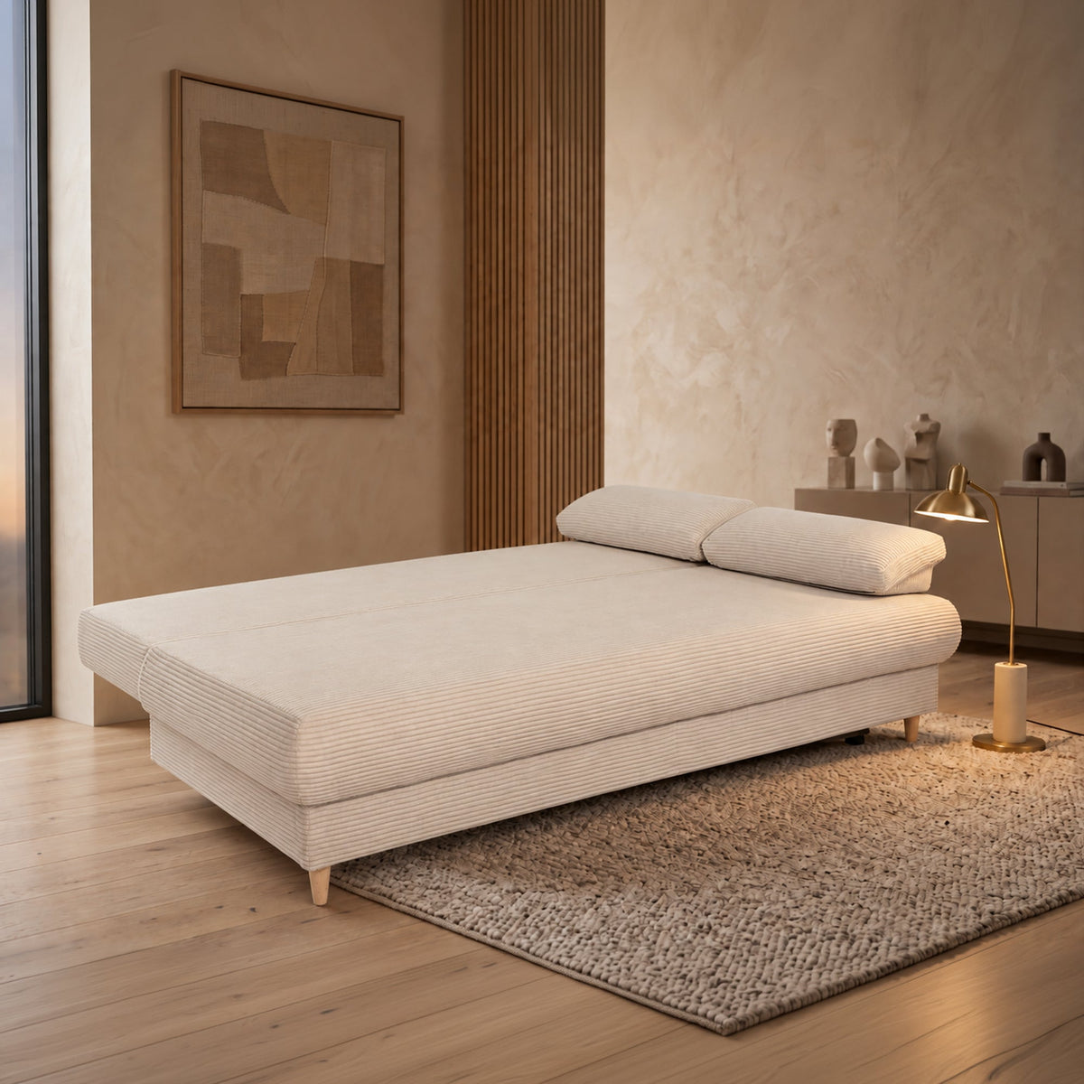 ERIYA Canapé 3 places convertible en velours côtelé beige - Canapés convertibles - Mobilier Deco