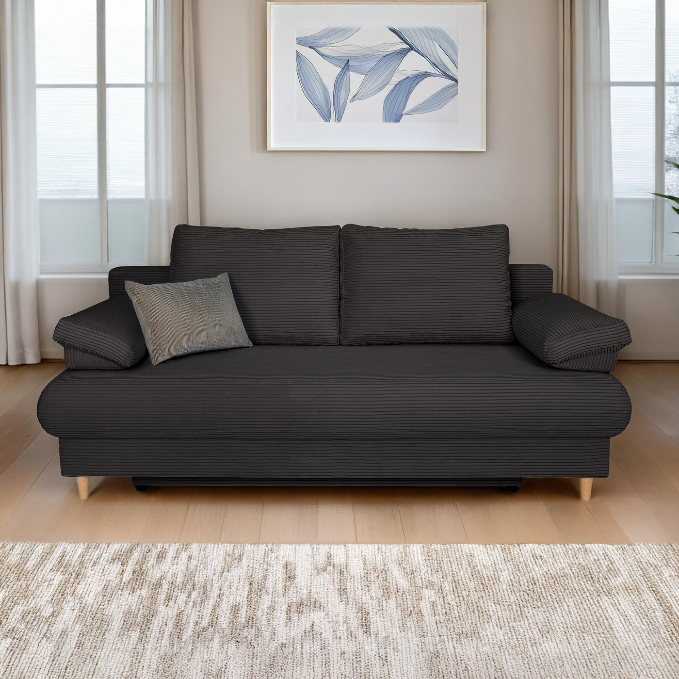 ERIYA Canapé 3 places convertible en velours côtelé gris anthracite - Canapés convertibles - Mobilier Deco