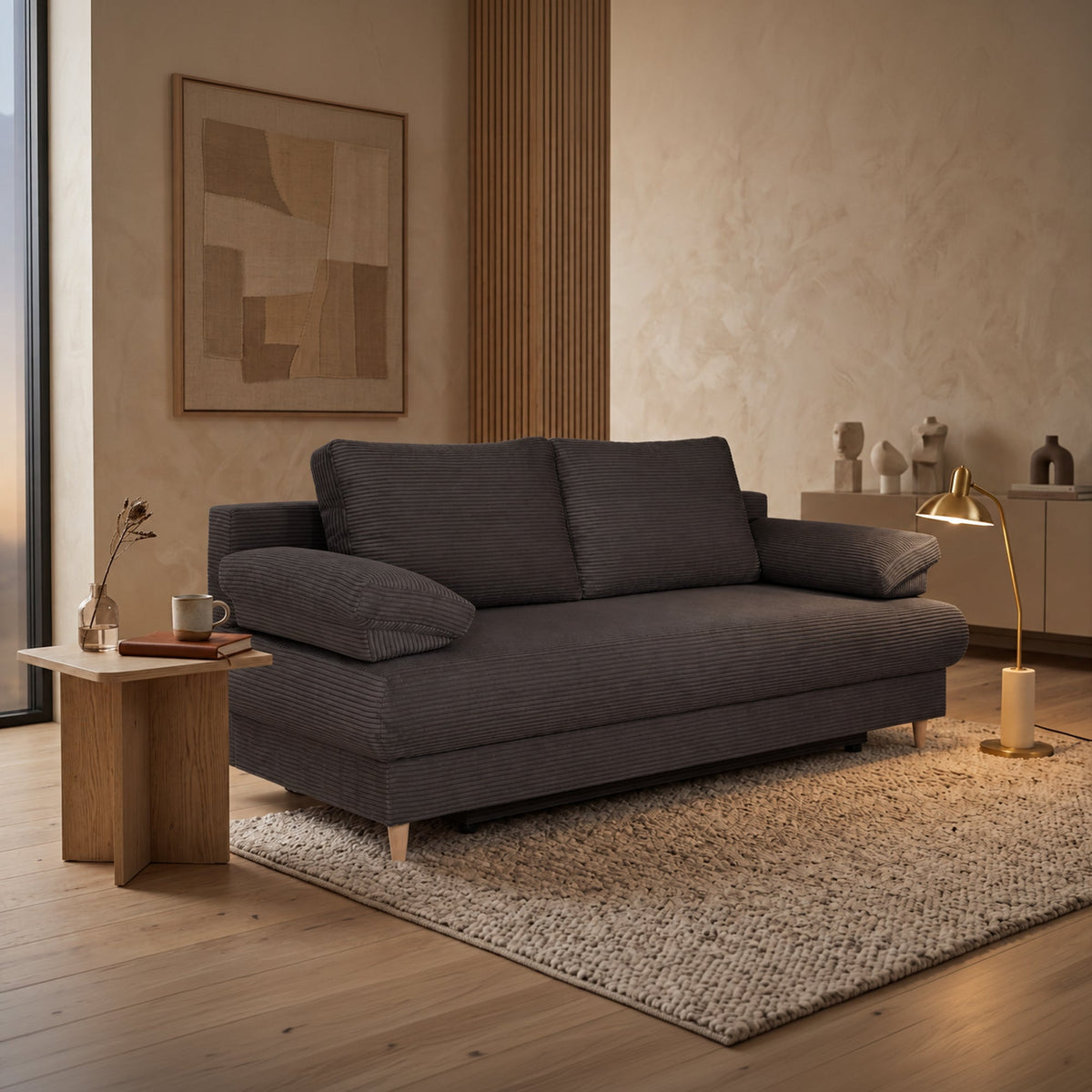 ERIYA Canapé 3 places convertible en velours côtelé gris anthracite - Canapés convertibles - Mobilier Deco