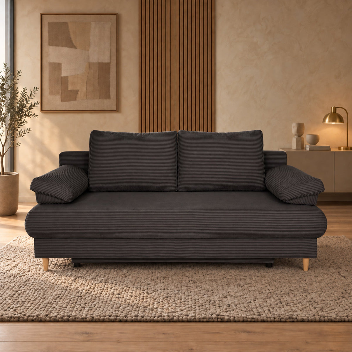 ERIYA Canapé 3 places convertible en velours côtelé gris anthracite - Canapés convertibles - Mobilier Deco