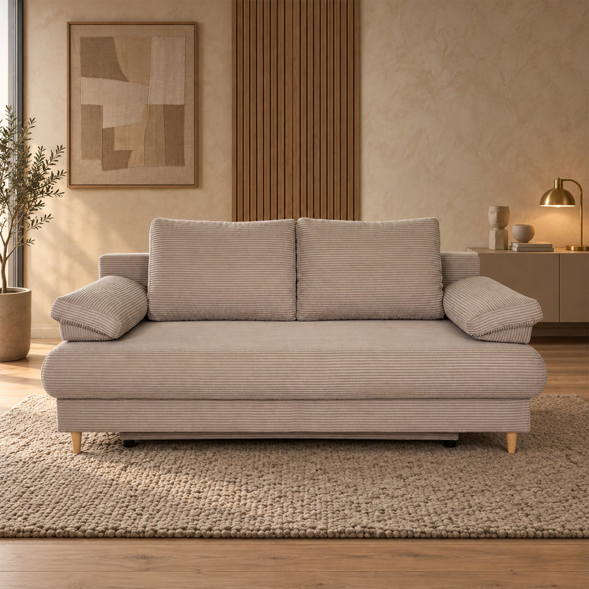 ERIYA Canapé 3 places convertible en velours côtelé taupe - Canapés convertibles - Mobilier Deco