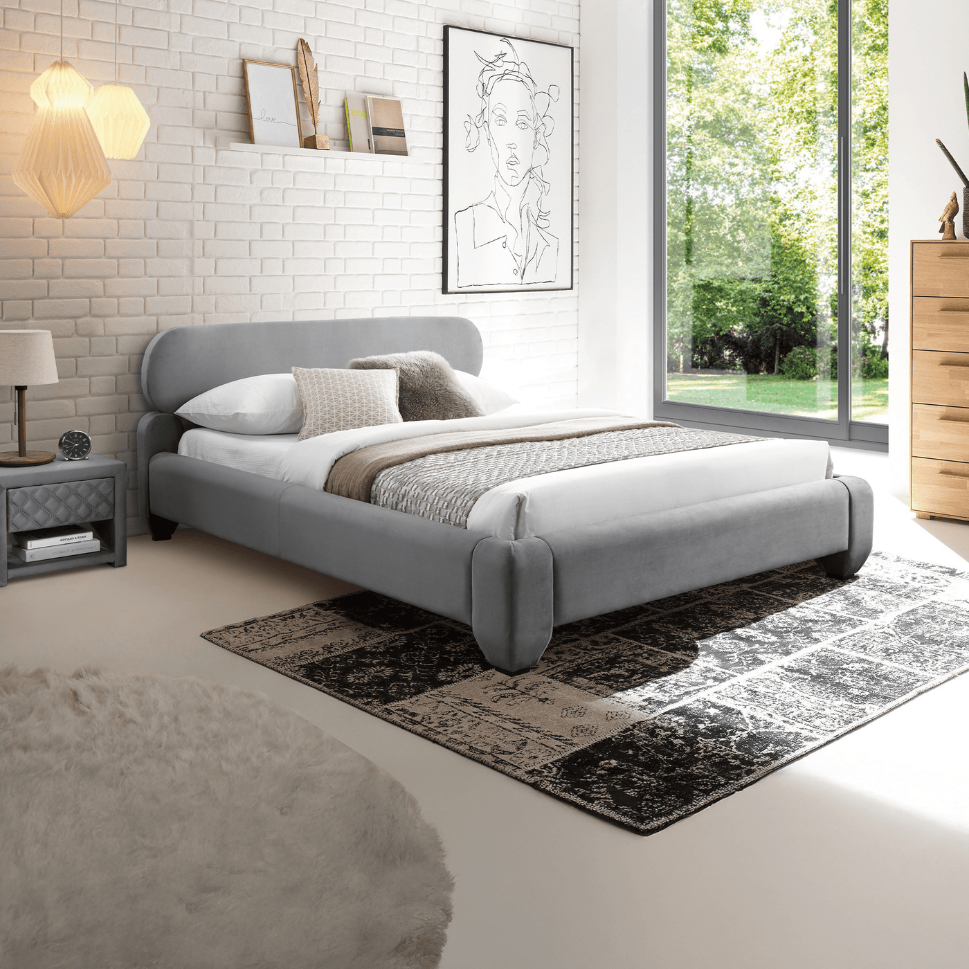 ESTELLE Lit double en velours gris 160x200 cm - Lits - Mobilier Deco