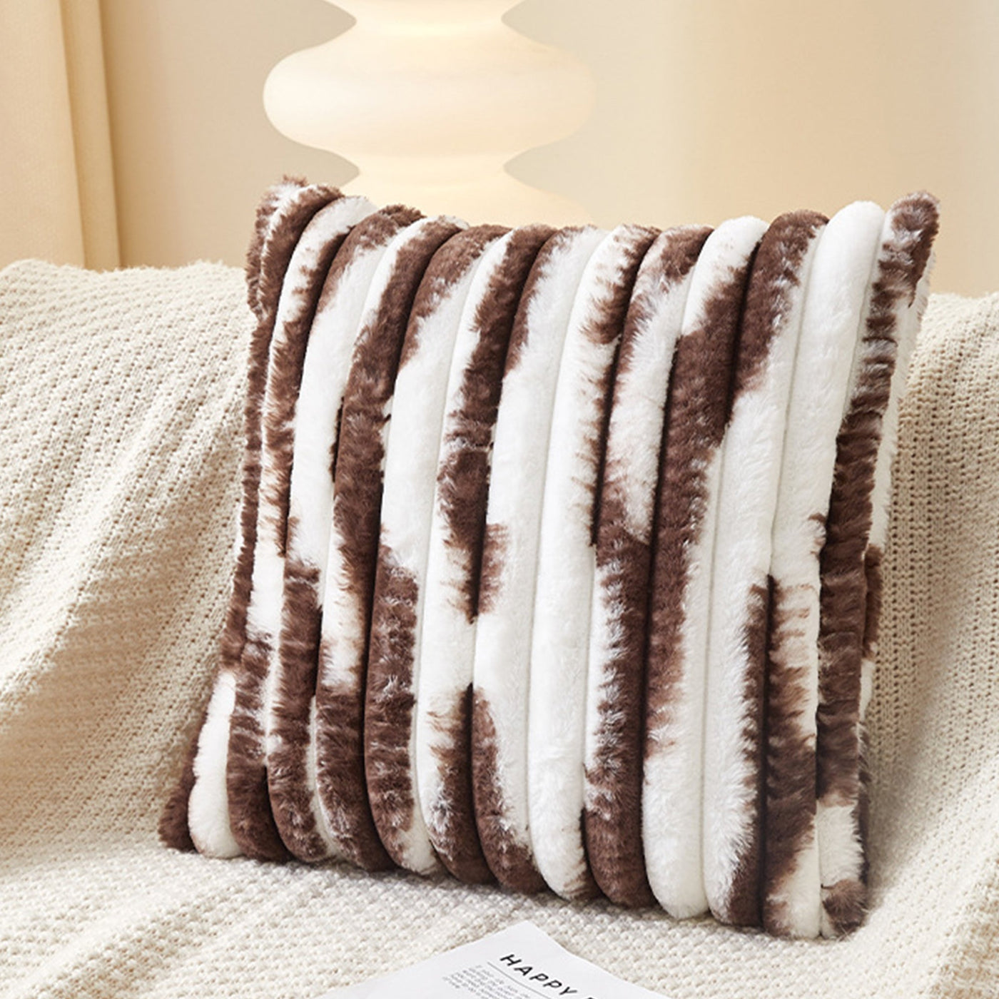 EVELYA Coussin carré en tissu côtelé marron et blanc 43x43 cm - Coussins - Mobilier Deco