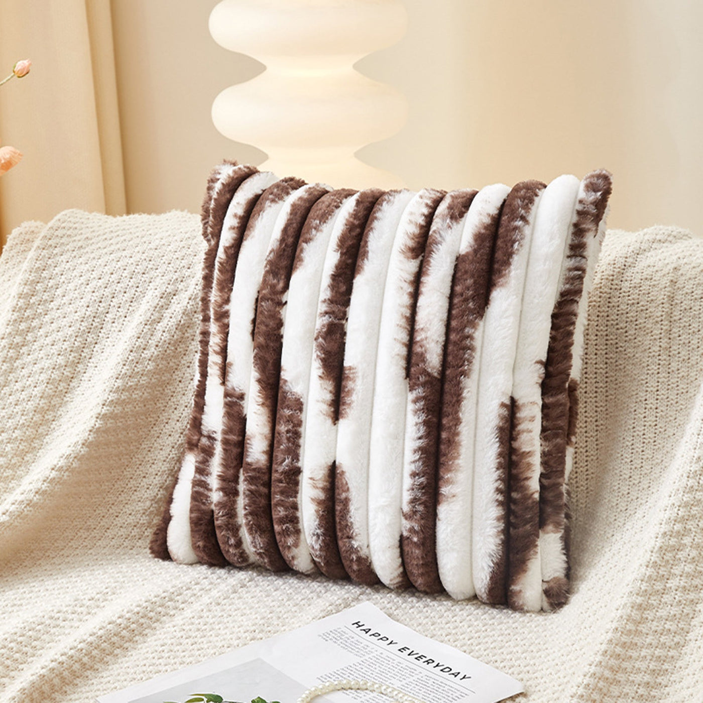 EVELYA Coussin carré en tissu côtelé marron et blanc 43x43 cm - Coussins - Mobilier Deco