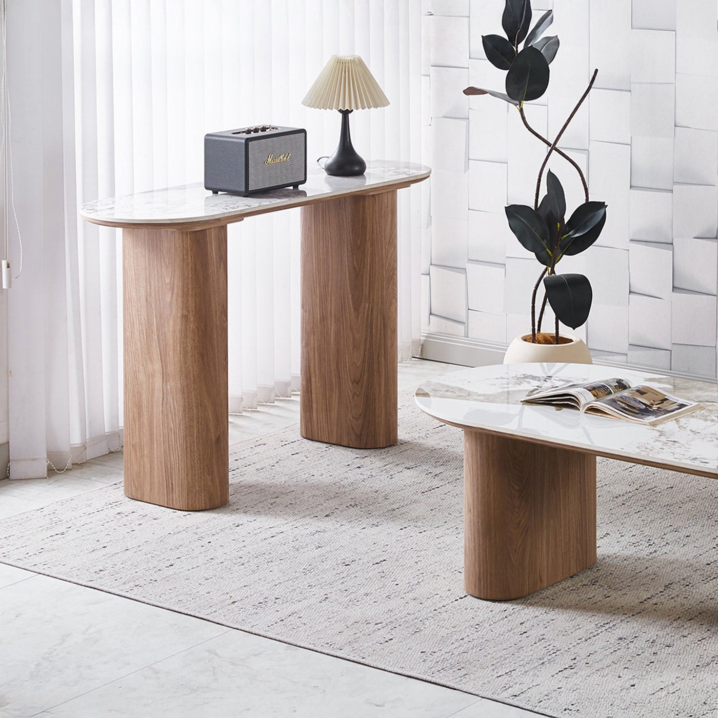 EVORA Console en pierre frittée blanc pieds couleur bois clair 120 cm - Consoles - Mobilier Deco