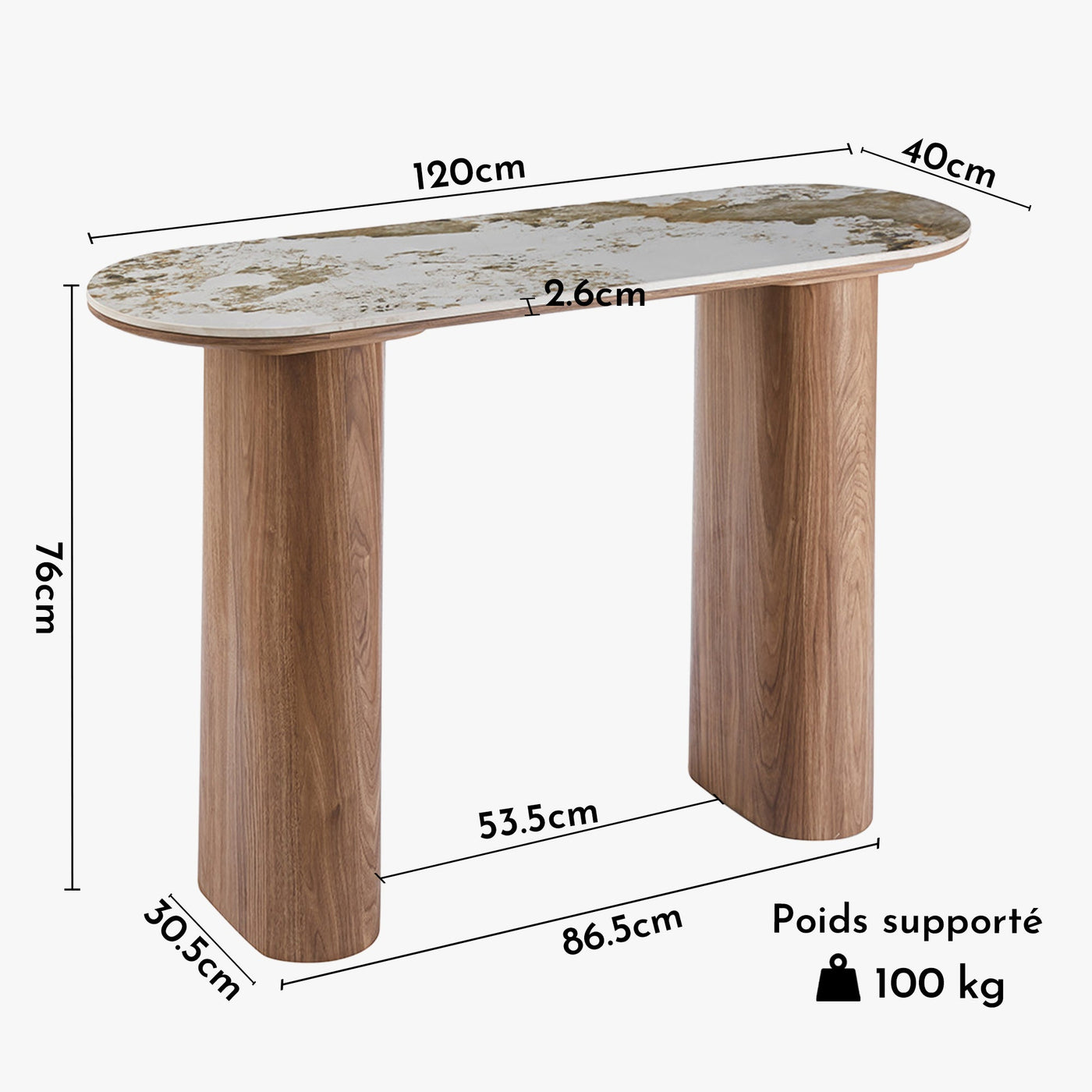 EVORA Console en pierre frittée blanc pieds couleur bois clair 120 cm - Consoles - Mobilier Deco