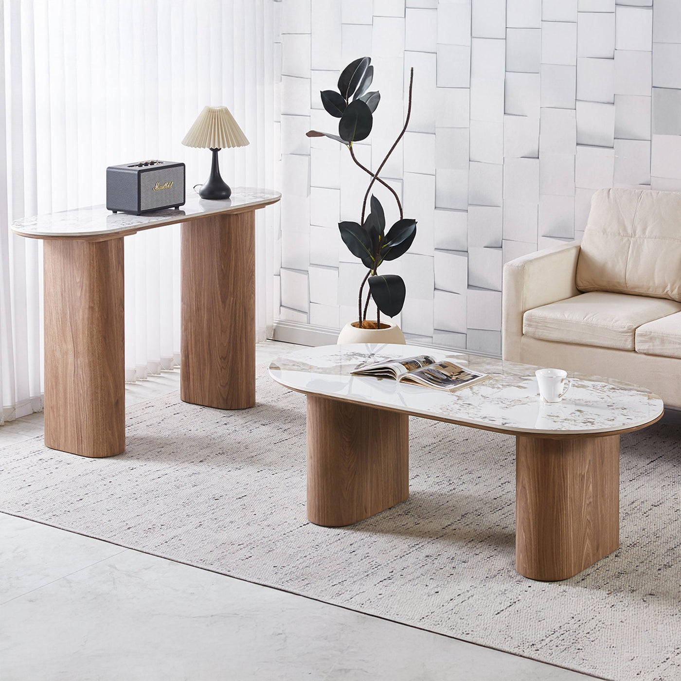 EVORA Console en pierre frittée blanc pieds couleur bois clair 120 cm - Consoles - Mobilier Deco
