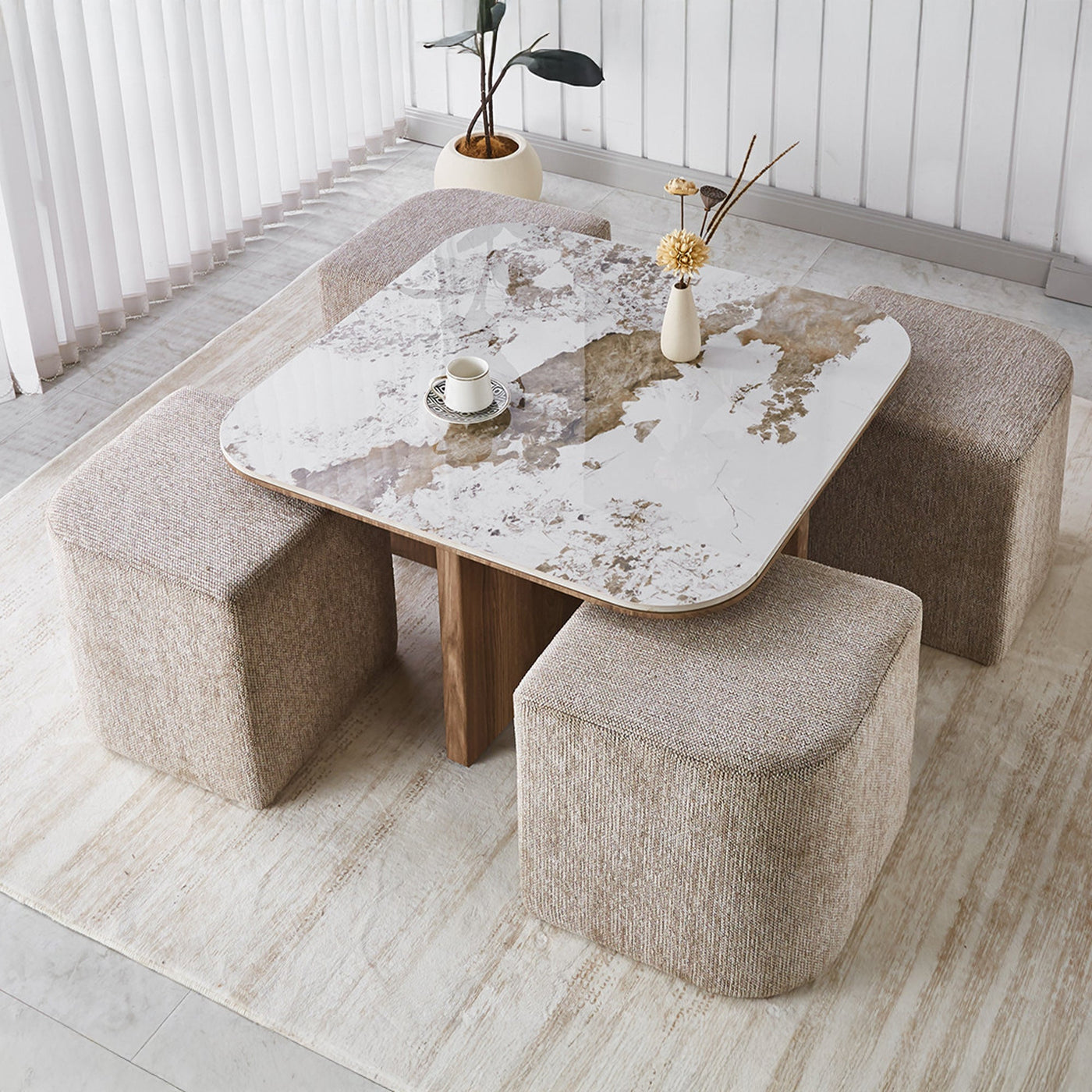 EVORA Table basse en pierre frittée blanc avec 4 poufs pieds couleur bois - Table basse - Mobilier Deco