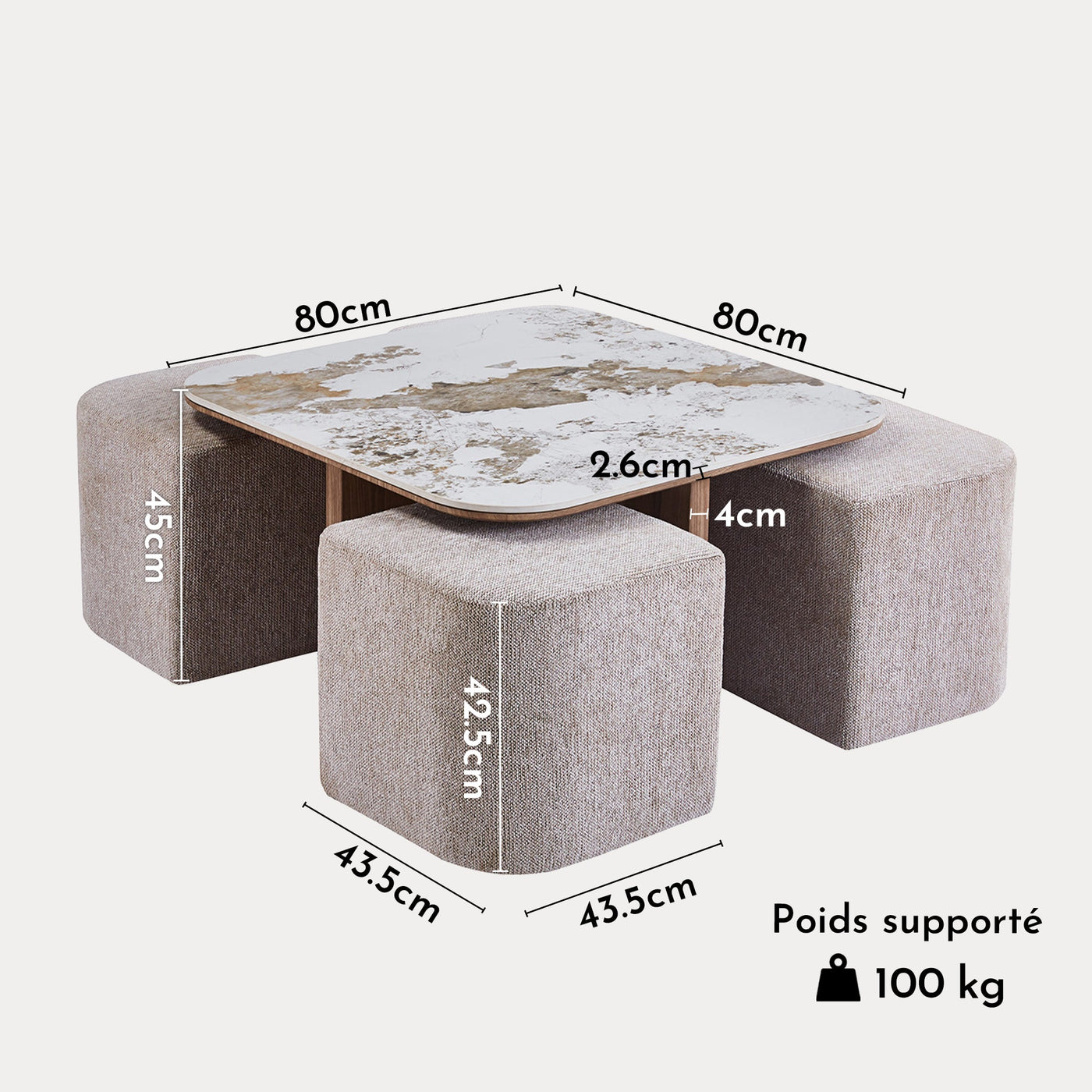 EVORA Table basse en pierre frittée blanc avec 4 poufs pieds couleur bois - Table basse - Mobilier Deco