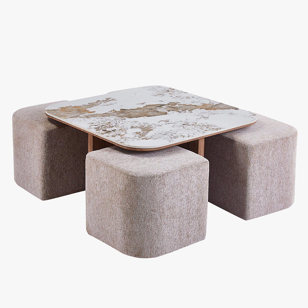 EVORA Table basse en pierre frittée blanc avec 4 poufs pieds couleur bois - Table basse - Mobilier Deco