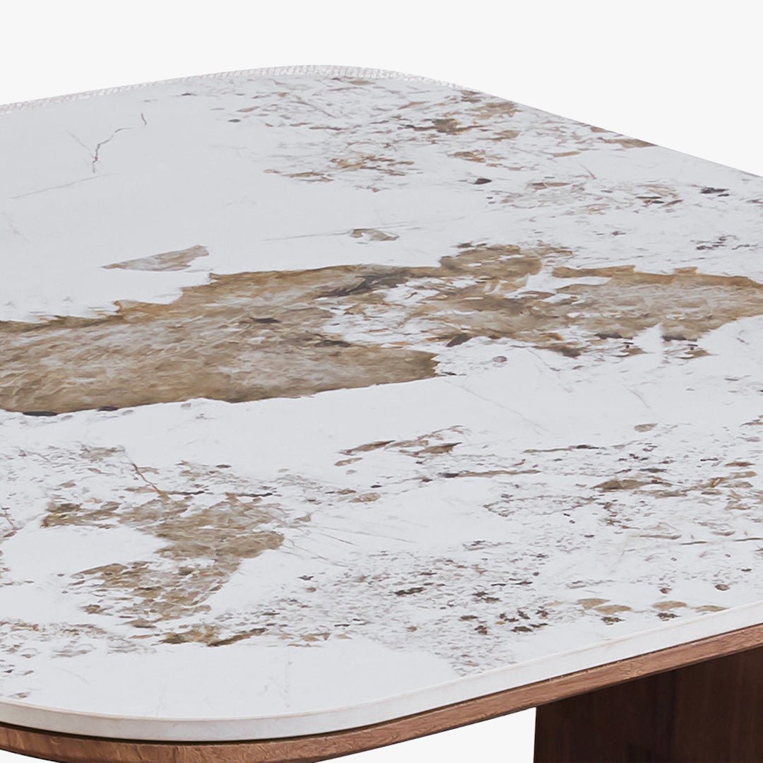 EVORA Table basse en pierre frittée blanc avec 4 poufs pieds couleur bois - Table basse - Mobilier Deco