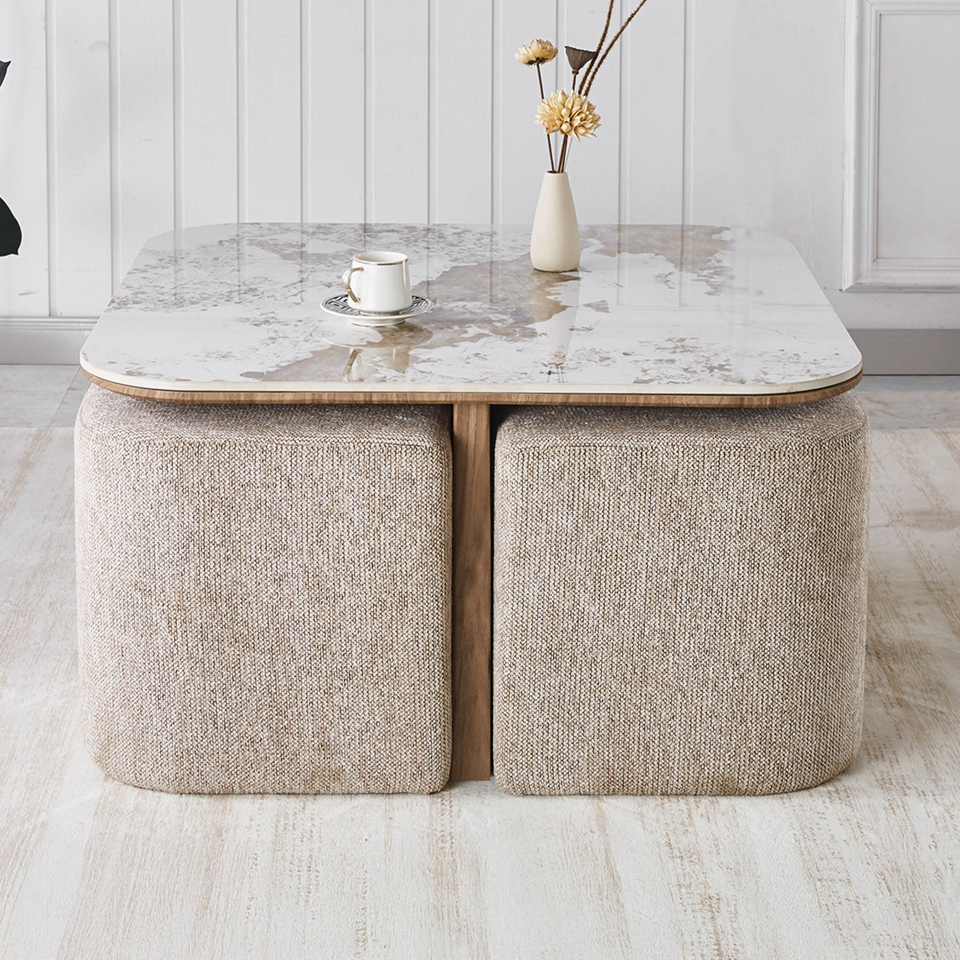 EVORA Table basse en pierre frittée blanc avec 4 poufs pieds couleur bois - Table basse - Mobilier Deco