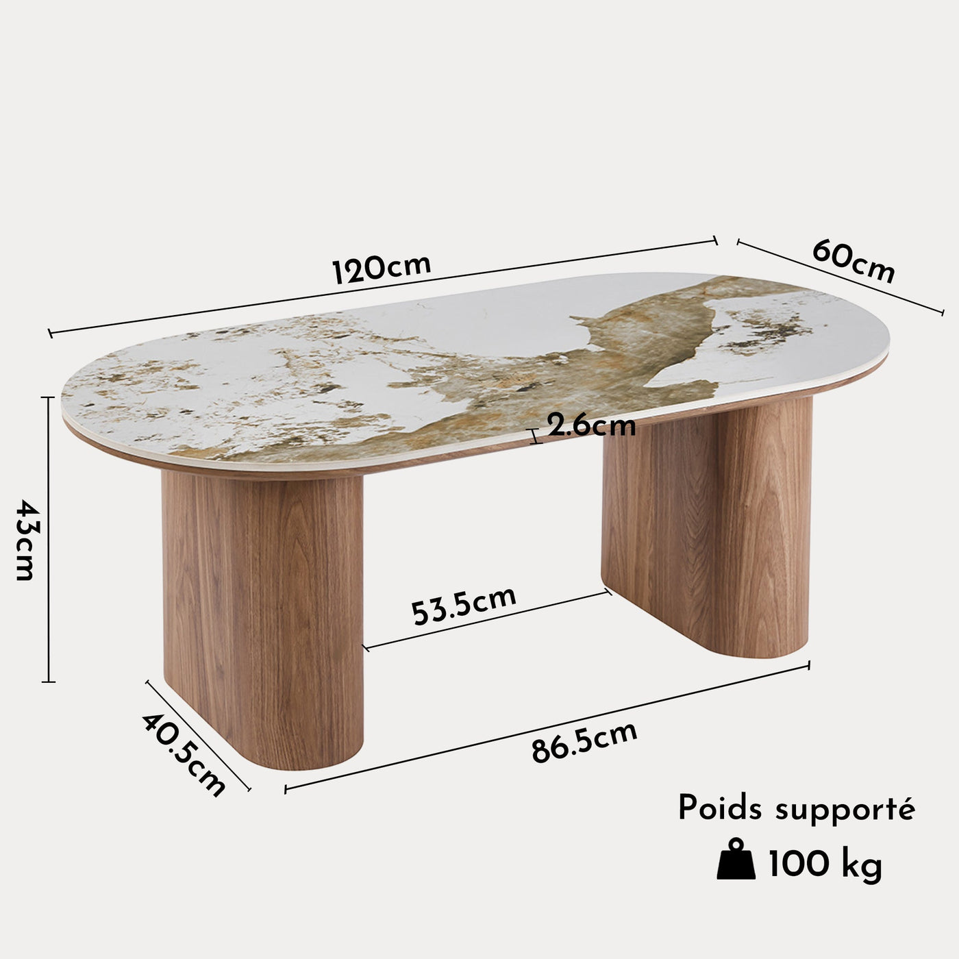 EVORA Table basse en pierre frittée blanc pieds couleur bois clair - Table basse - Mobilier Deco