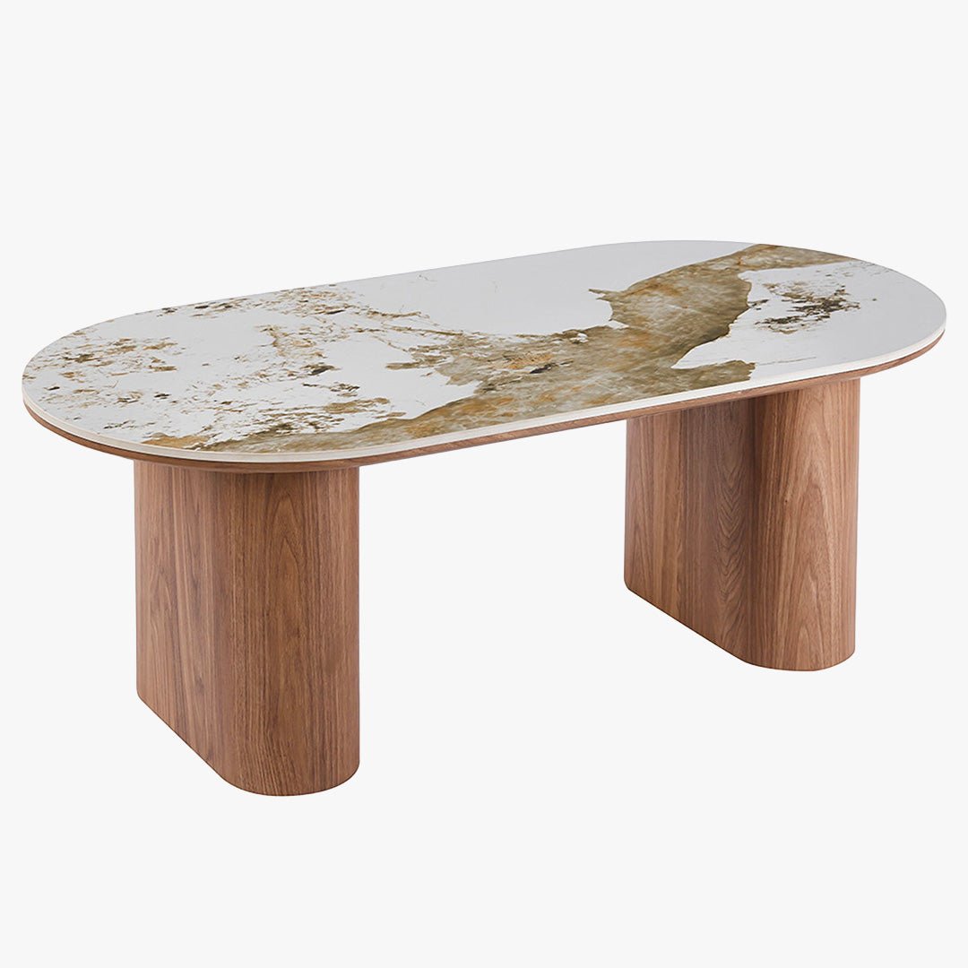 EVORA Table basse en pierre frittée blanc pieds couleur bois clair - Table basse - Mobilier Deco