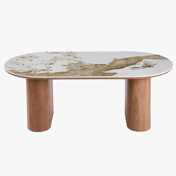 EVORA Table basse en pierre frittée blanc pieds couleur bois clair