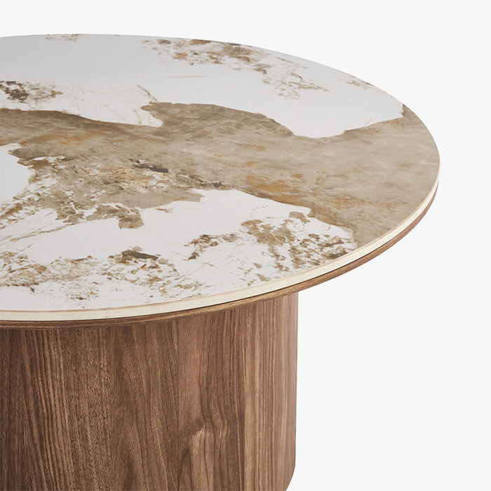 EVORA Table basse ronde en pierre frittée blanc pieds couleur bois clair D80 cm – vue 2